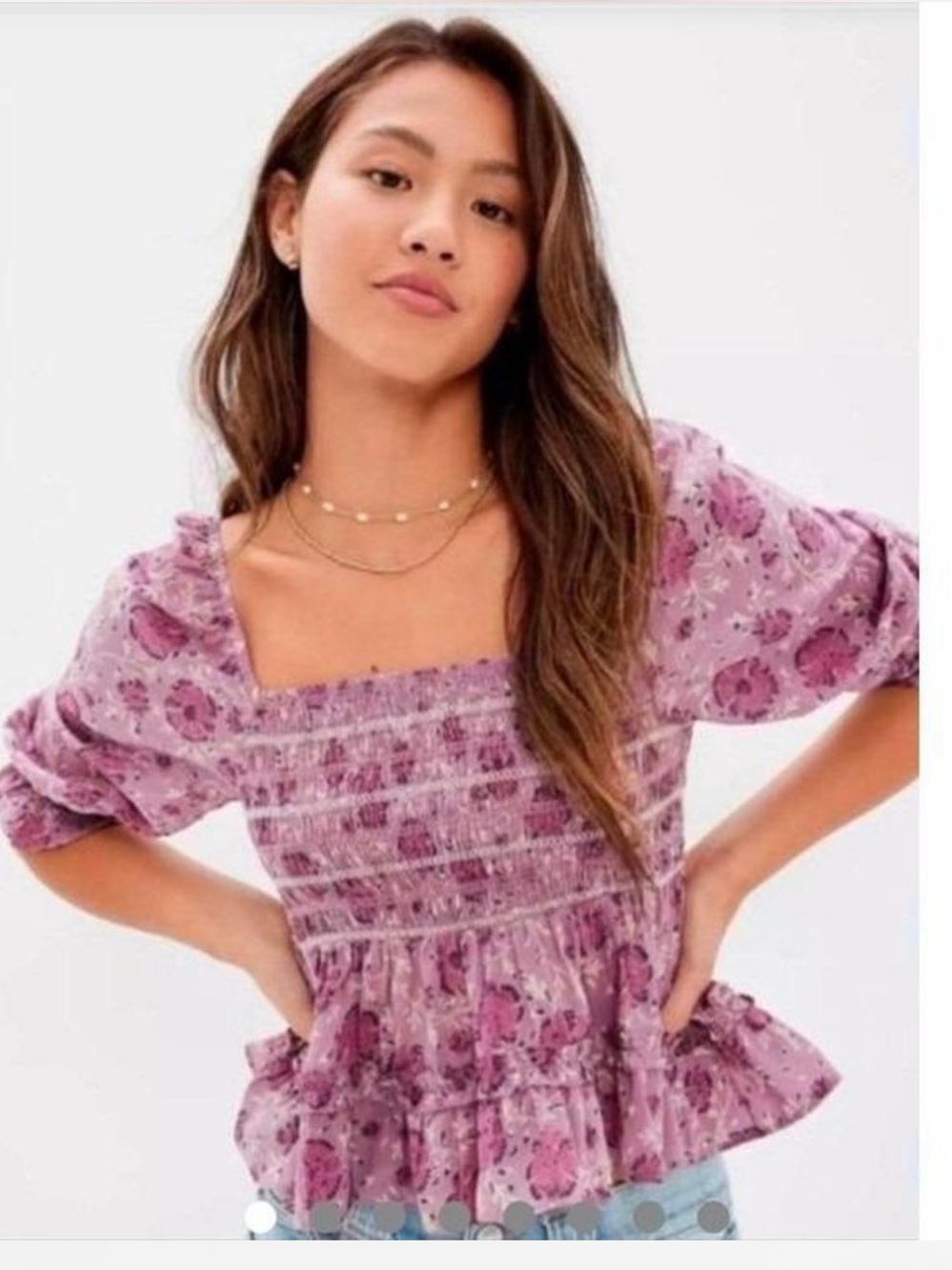 American Eagle Outfitters Purple Floral Smocked Puff Sleeve Blouse XL NWT